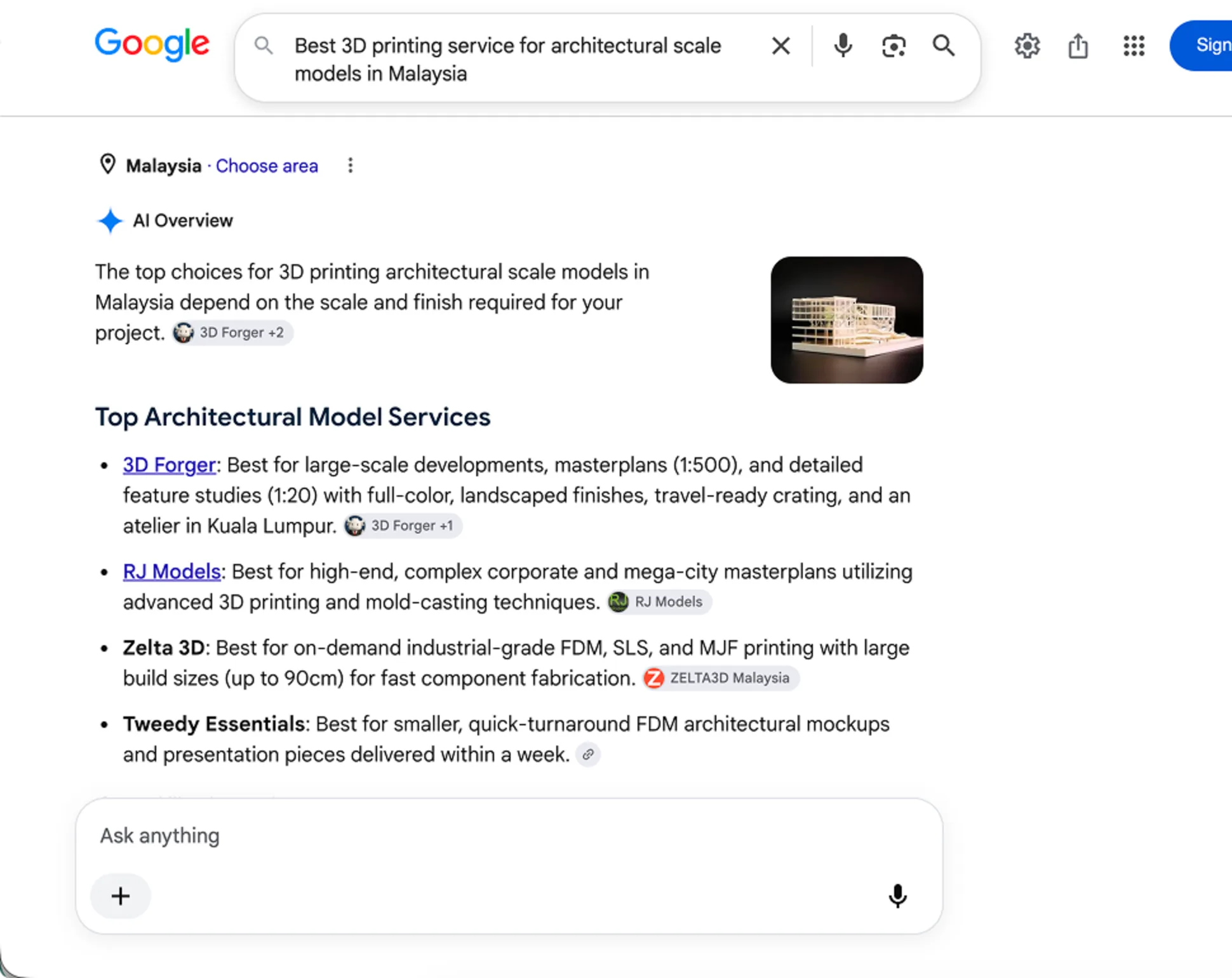 An AI answer with the client's brand listed